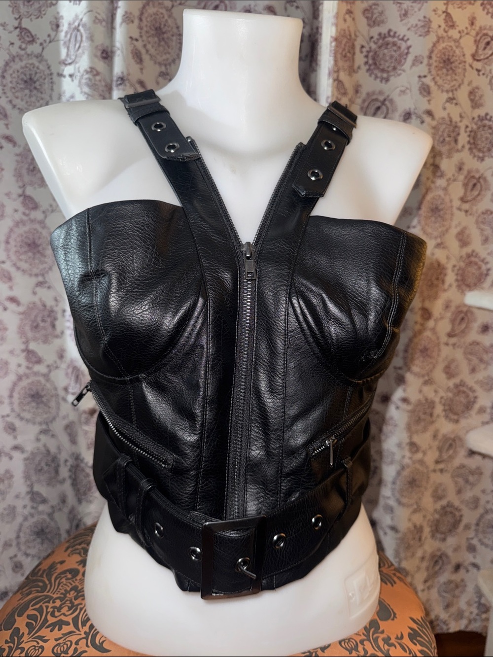 Hot Topic Black faux Leather Zip Bustier with Buckle Straps